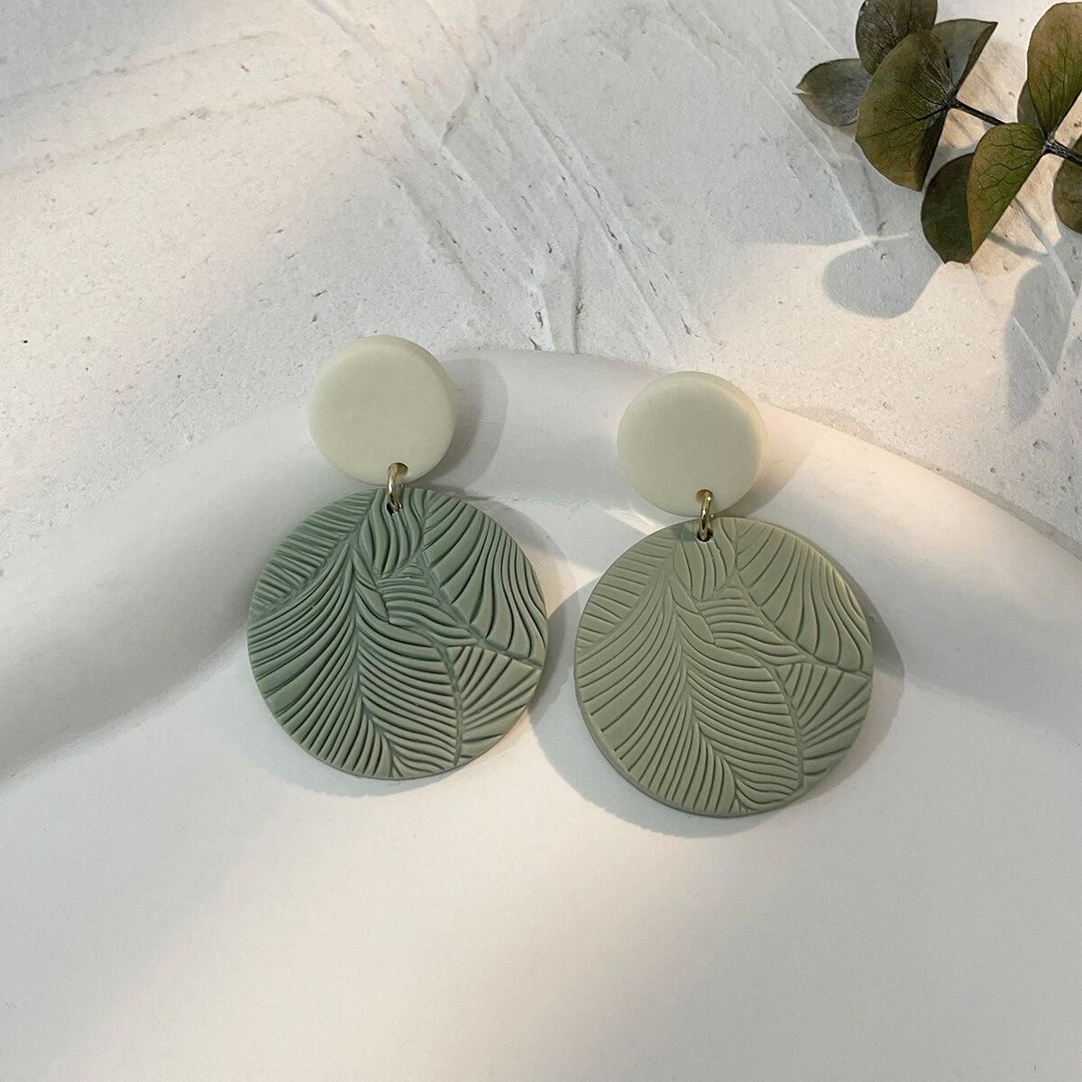 AENSOA Molded Floral Leaf Pattern Green Polymer Clay Earrings for Women Handmade Knitted Geometric Round Drop Earrings Jewelry
