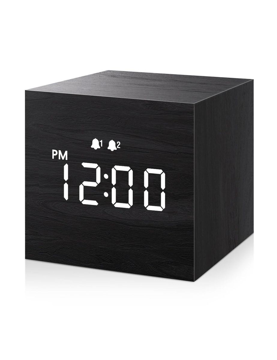 Digital Alarm Clock, with Wooden Electronic LED Time Display, Dual Alarm, 2.5-inch Cubic Small Mini Wood Made Electric Clocks