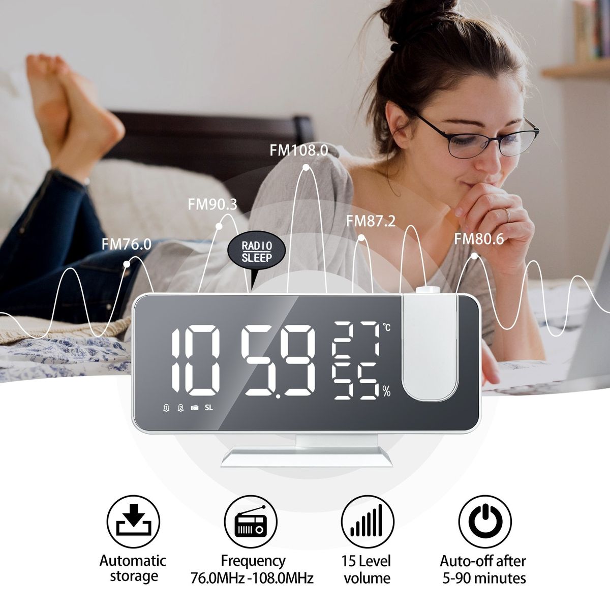 Projector Clock LED Digital Alarm Clock Table Electronic Clock With Projection FM Radio Time Bedroom Bedside Clock Home Decor