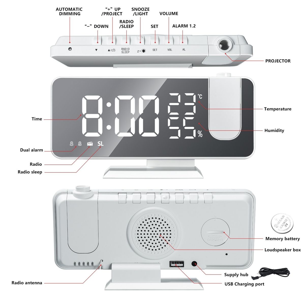 Projector Clock LED Digital Alarm Clock Table Electronic Clock With Projection FM Radio Time Bedroom Bedside Clock Home Decor