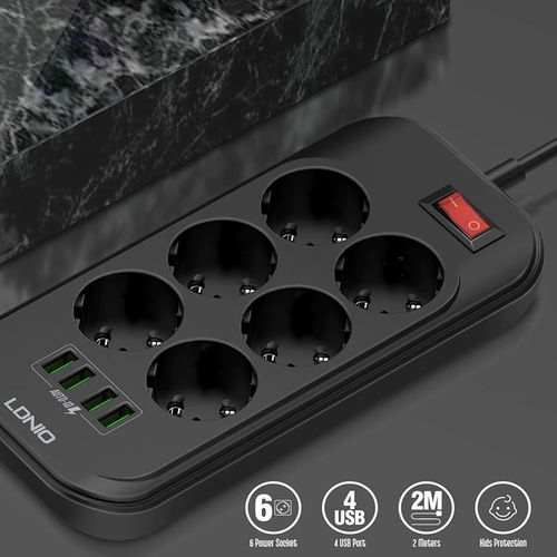 2500W Power Strip 6 EU OUTLET 4 USB PORTS