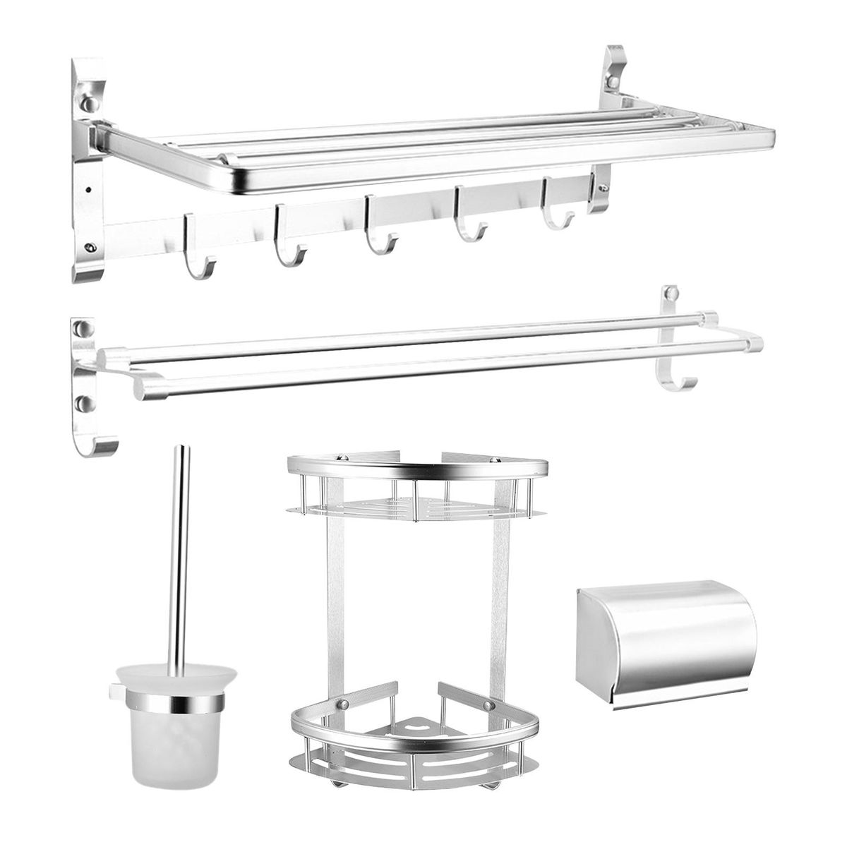 5-Piece Set Wall-Mounted Aluminum Bathroom Accessories Towel Racks with Hook/Shower Caddy/Paper Holder/Toilet Bowl Brush and Holder
