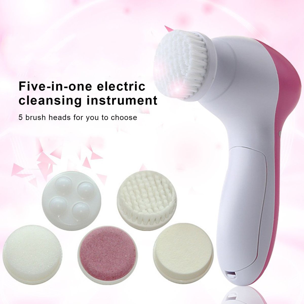 Facial Cleansing Brush Smooth Skin 5 In 1 Daily Supplies Face Scrubber With 5 Brush Heads For Salon-White Pink