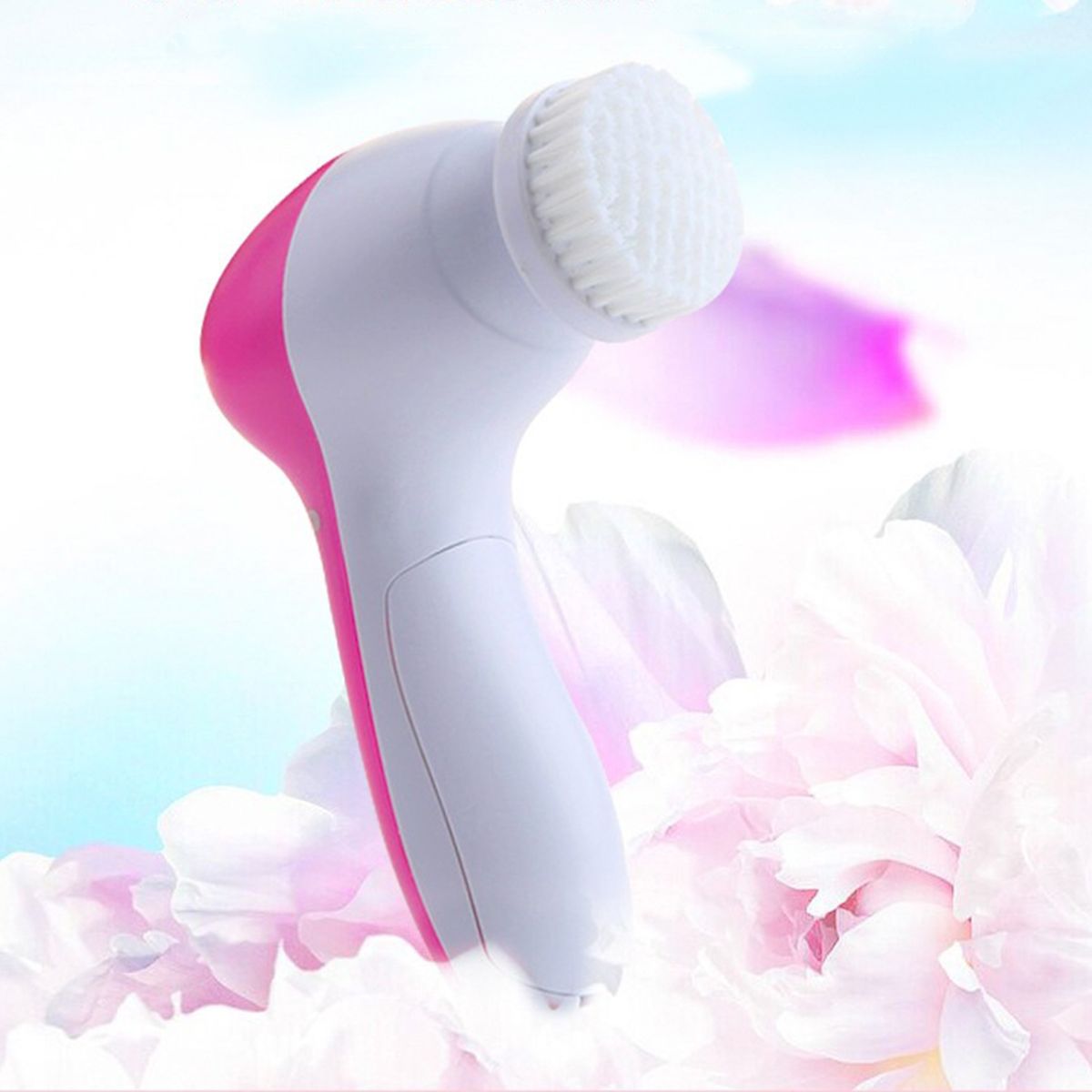 Facial Cleansing Brush Smooth Skin 5 In 1 Daily Supplies Face Scrubber With 5 Brush Heads For Salon-White Pink