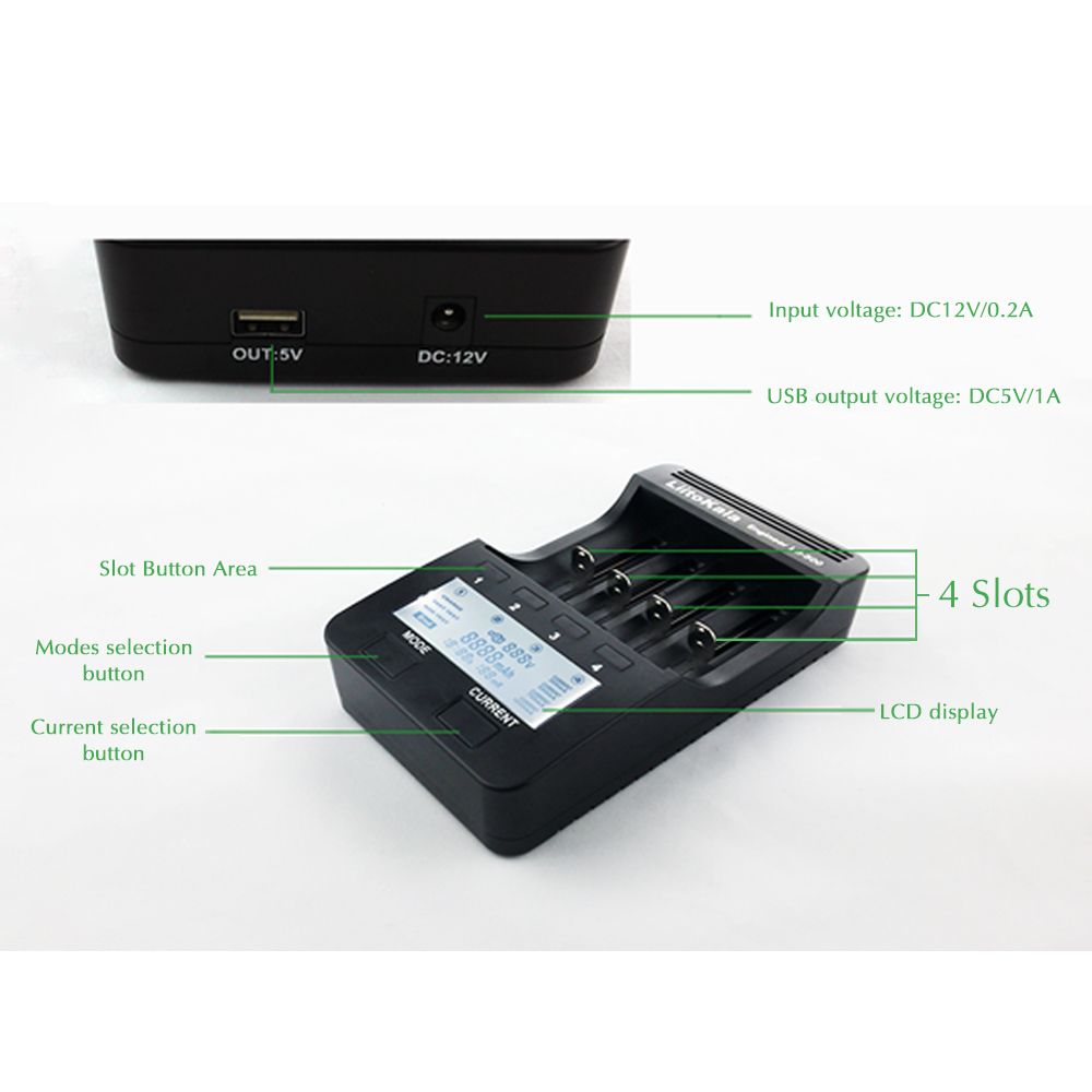 Lii-500 4 Slots Smart Intelligent Battery Charger For 3.7V Li-ion/ 1.2V Ni-MH Cylindrical 18650/26650/14500/21700/AA/AAA Rechargeable Battery LCD Display