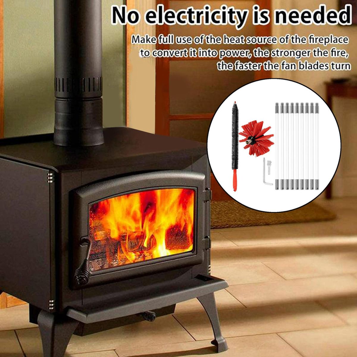 Chimney Cleaning Brush Rotary   Fireplace Kit Rod Tool Set