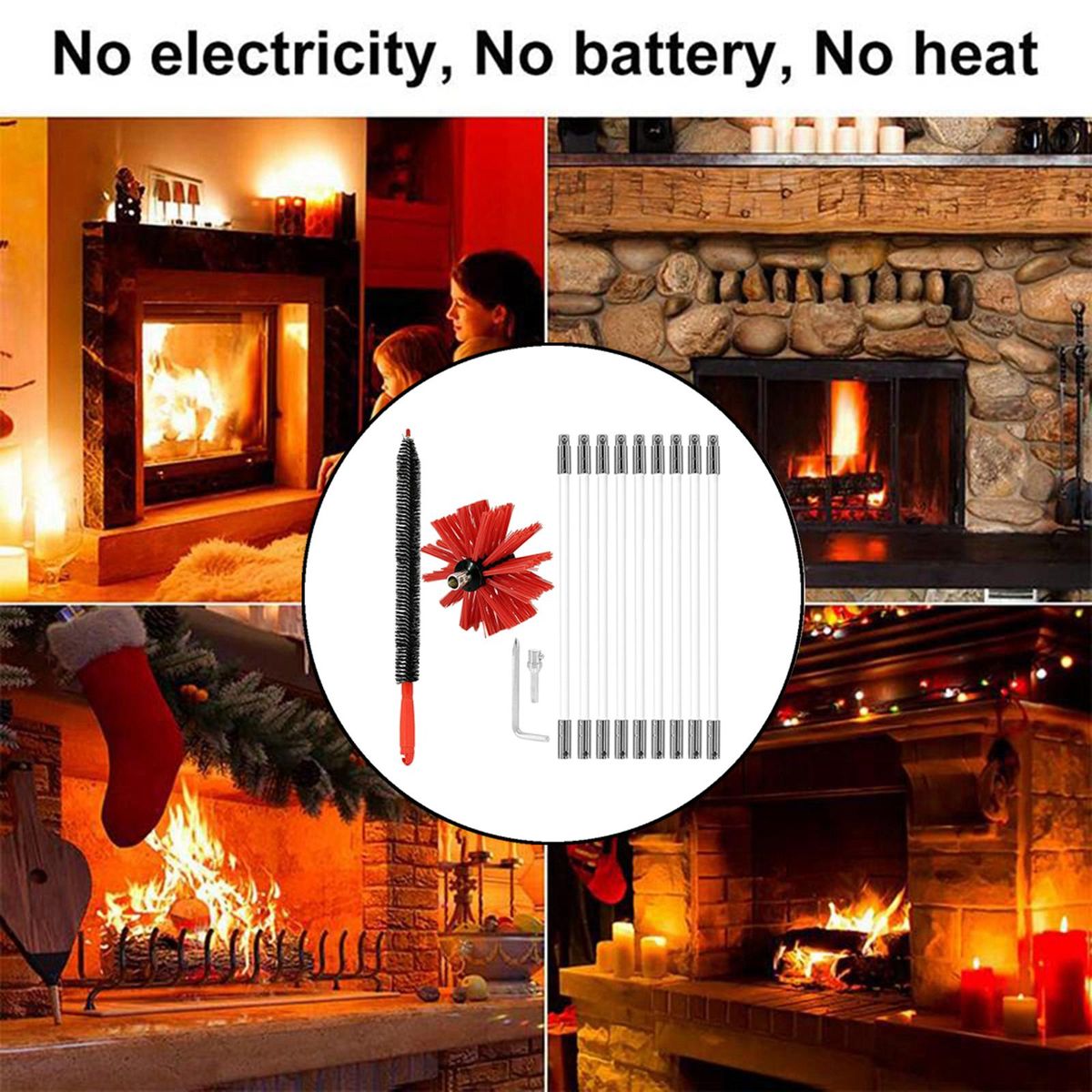 Chimney Cleaning Brush Rotary   Fireplace Kit Rod Tool Set