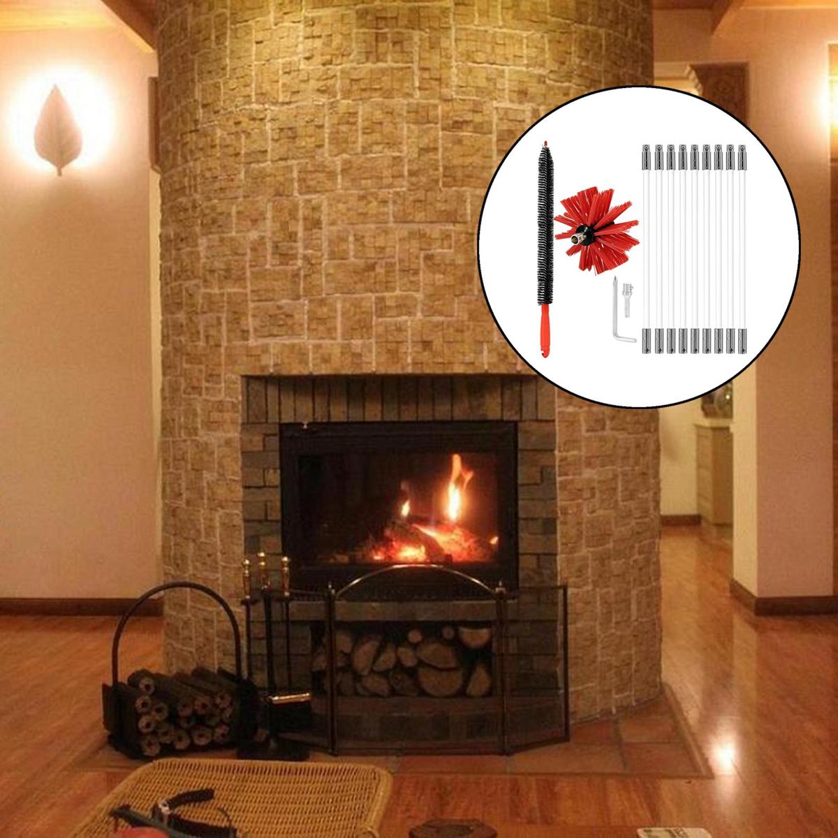 Chimney Cleaning Brush Rotary   Fireplace Kit Rod Tool Set