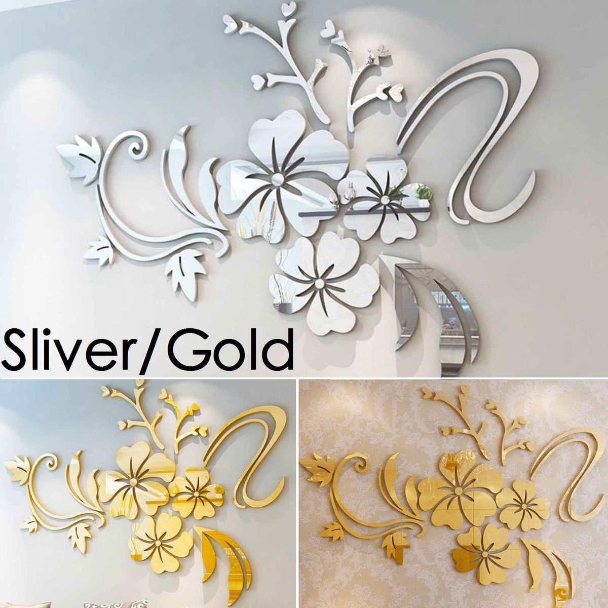 3D Mirror Flower Art Wall Sticker Acrylic Mural