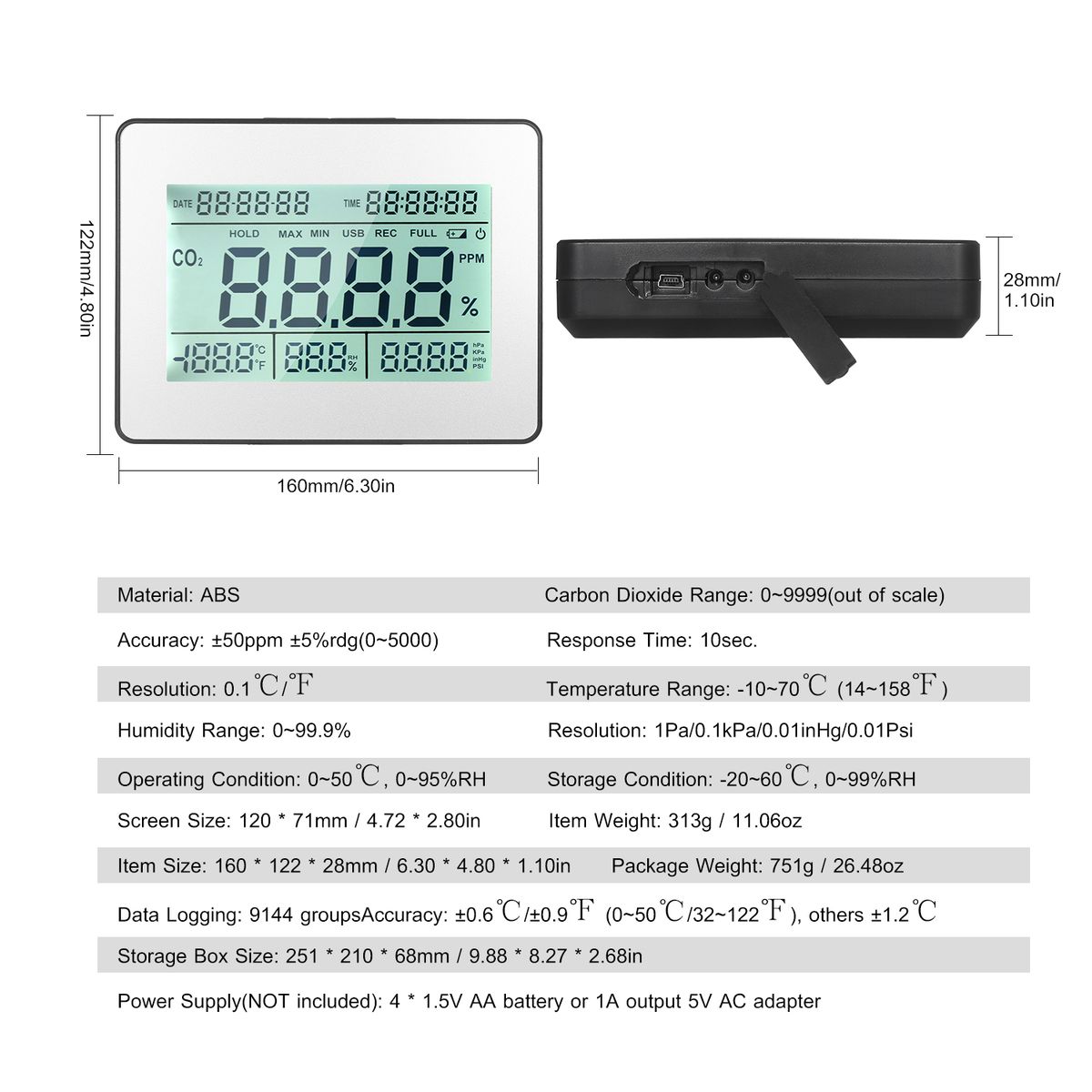 Carbon Dioxide Detector Air Quality Monitor Meter With Data