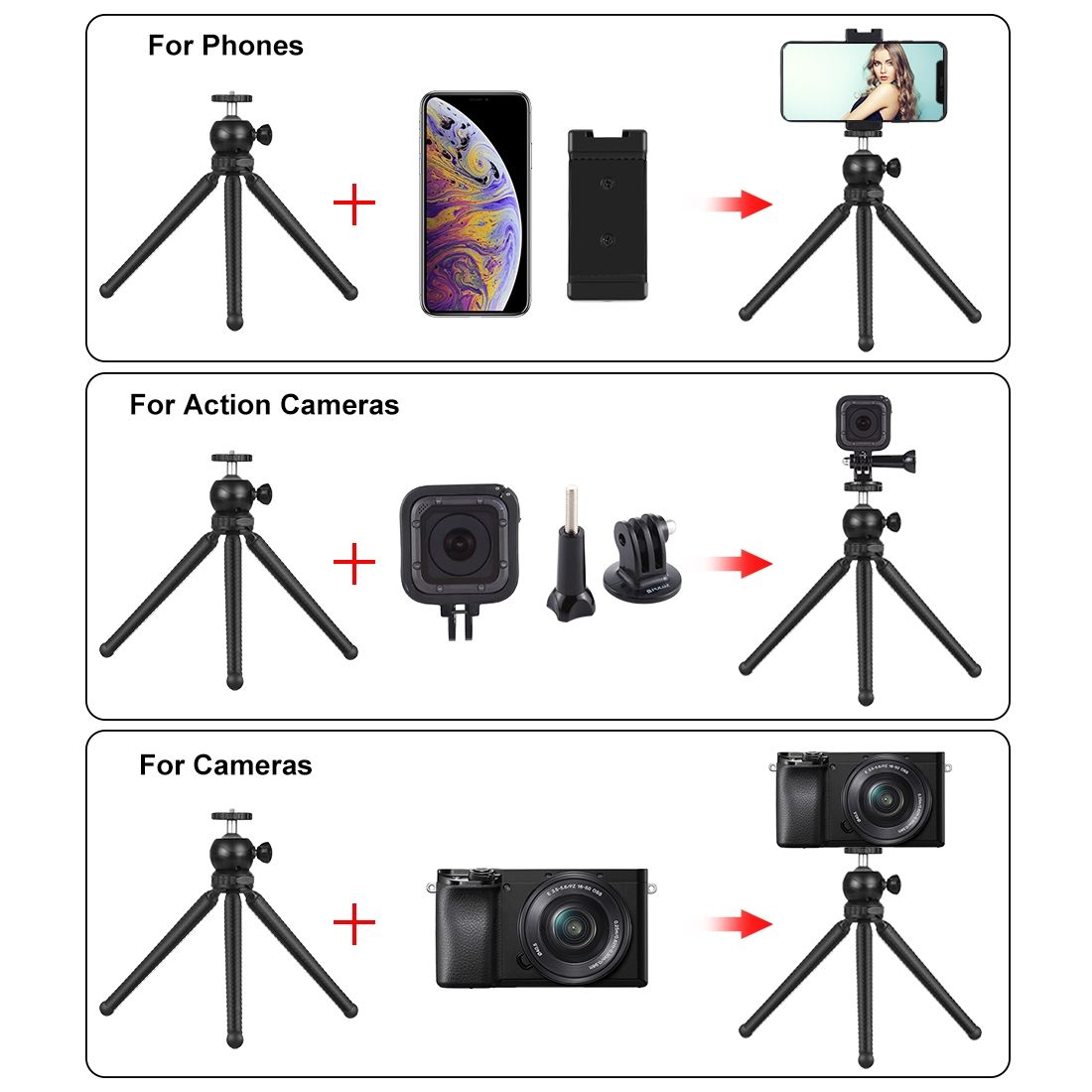 PULUZ Mini Octopus Flexible Tripod Holder With Ball Head & Phone Clamp + Tripod Mount Adapter & Long Screw For SLR Cameras, GoPro, Cellphone, Size: 25cmx4.5cm