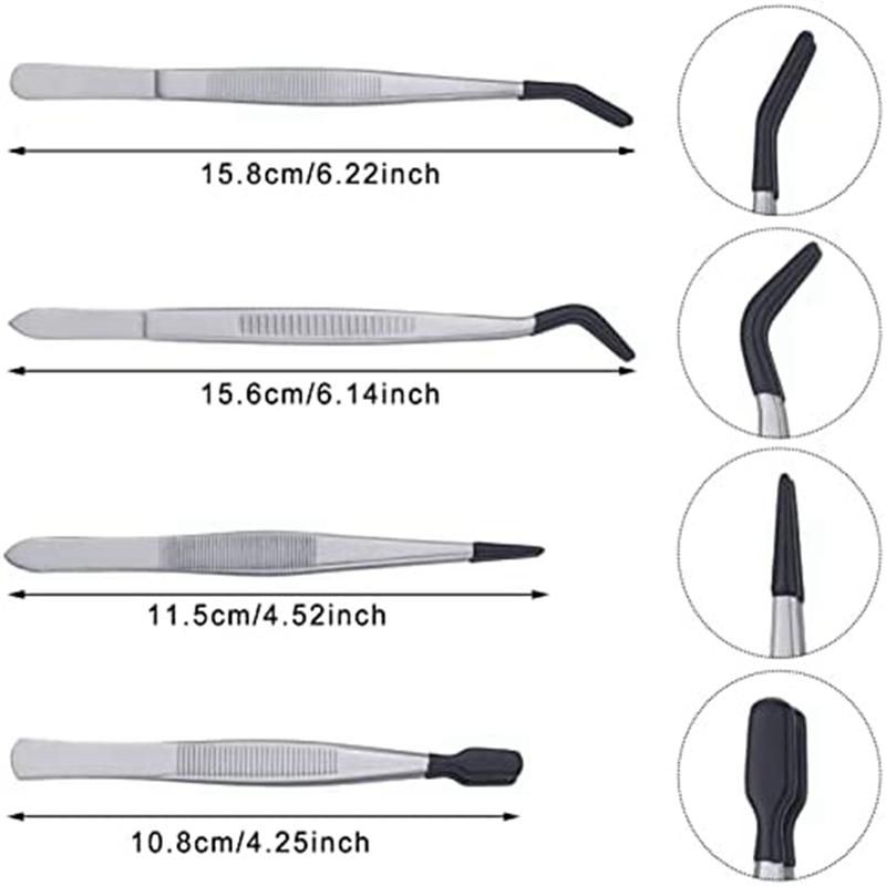 4 Pieces Tweezers Set with Rubber Tips Tweezers PVC Coated T
