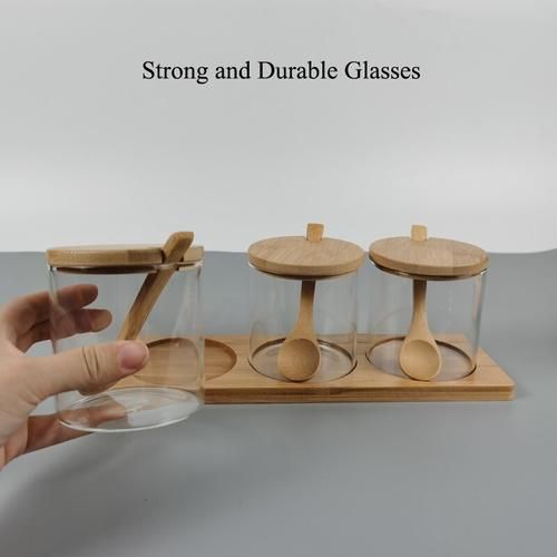 3 PCS Set Glasses Storage Jar Candy Cookies Tea Coffee Beans Organizer Bottle Wood Lid Container Spices Food Cereal Snack Jars