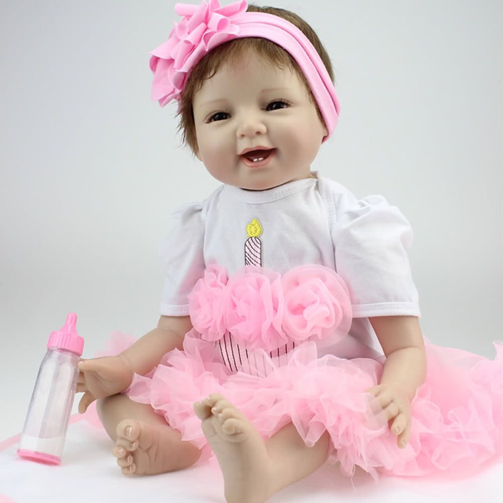 Reborn Baby Doll Girl Silicone Body Eyes Open Smiling Baby