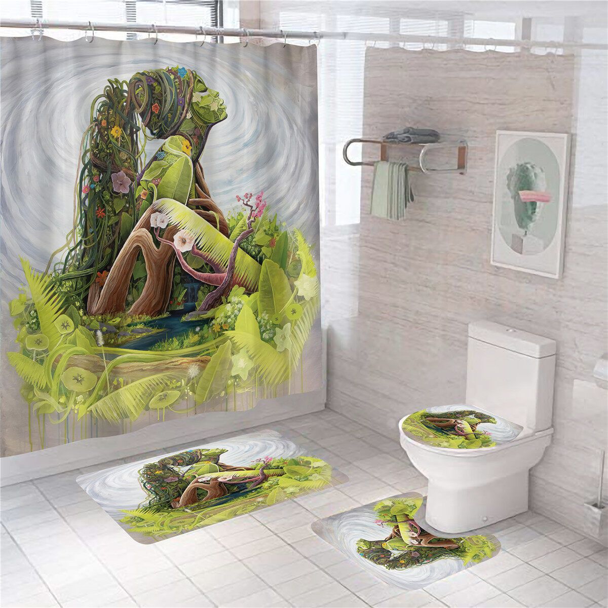 Bathroom Shower Curtain Toilet Waterproof Polyester Fabric Cover Mat W/ 12 Hooks 4pcs Set
