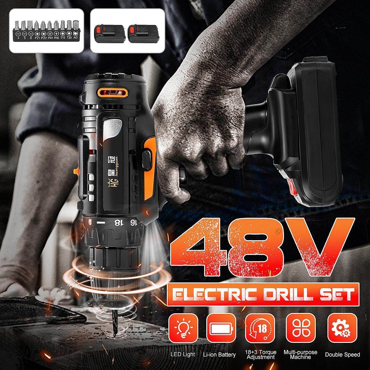 EU Plug 48V Electric Drill Cordless Rechargeable Driver Drill Screw Set Repair Tools Kit Black