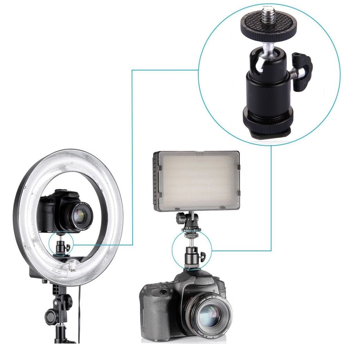 Aluminum Alloy Hot Shoe Tripod Heads, 1/4 Inch Male Screw Adapter