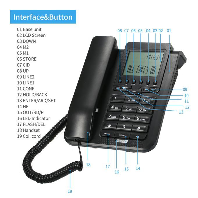 2-Line Digital Corded Telephone Desk Landline Phone With