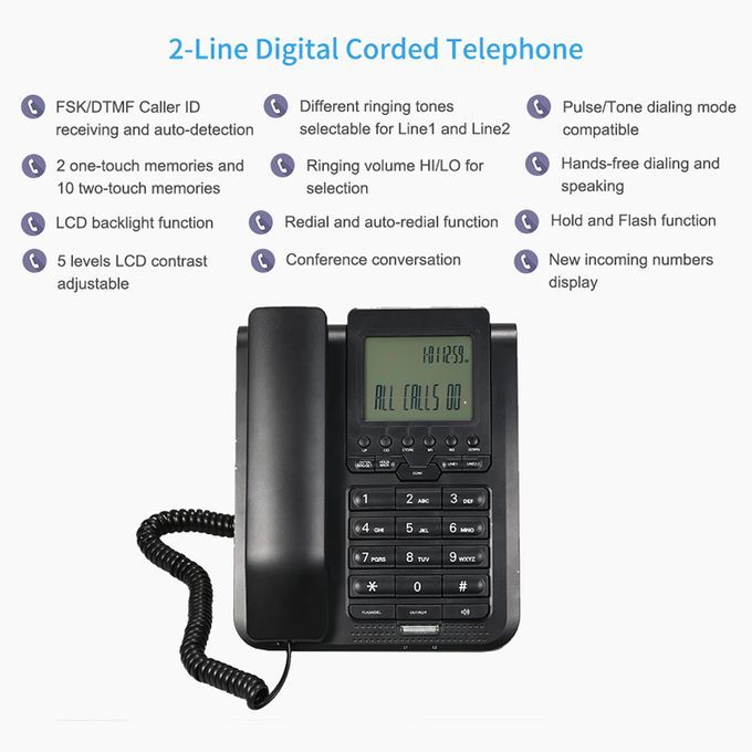 2-Line Digital Corded Telephone Desk Landline Phone With