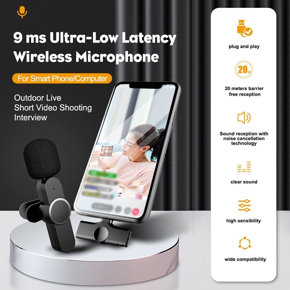 Wirelessly Microphone USB-C Plug Play Clip-on Lapel Mic For