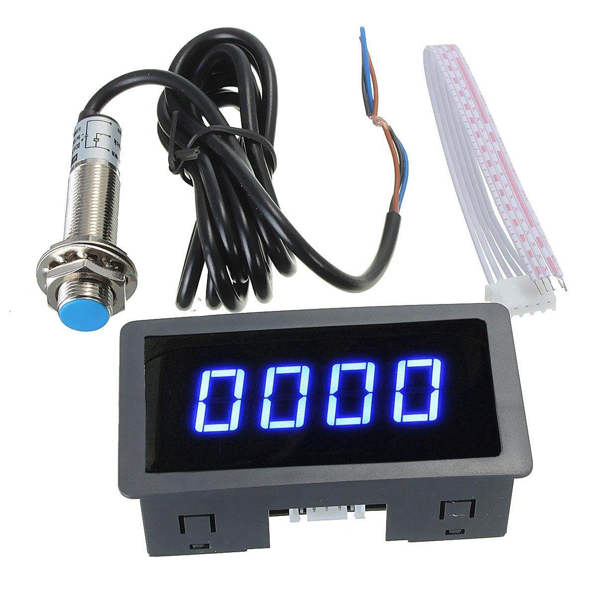 Blue 4 Digital LED Tachometer RPM Speed Meter + Hall Proximity Switch Sensor NPN