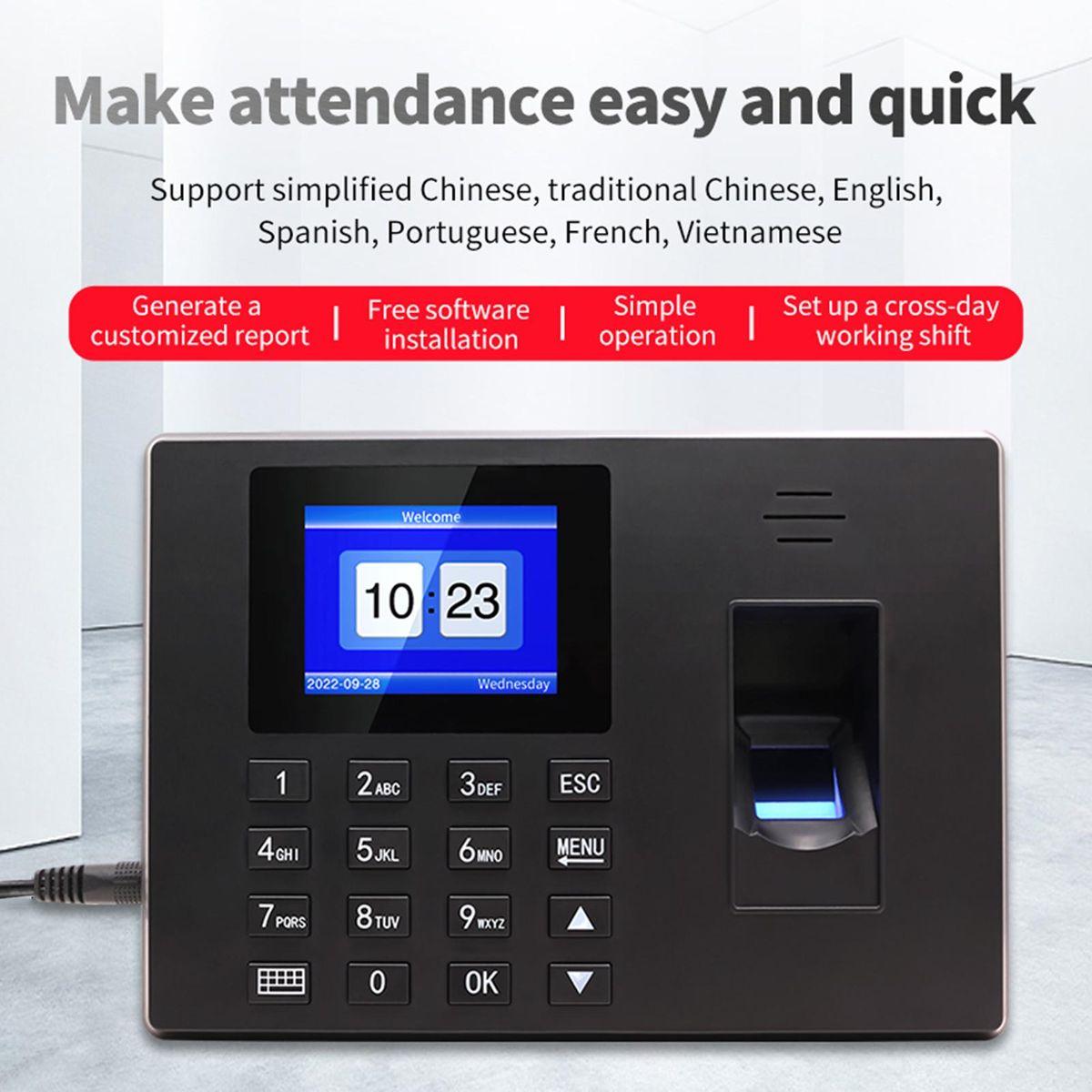 BISOFICE Intelligent Fingerprint Time Attendance Machine Fingerprint/Password with 2.4'' Display Screen Time Clock Support Employee Checking-in Recorder Reader Multi-language Support USB Disk Access Control Multi-language Pas