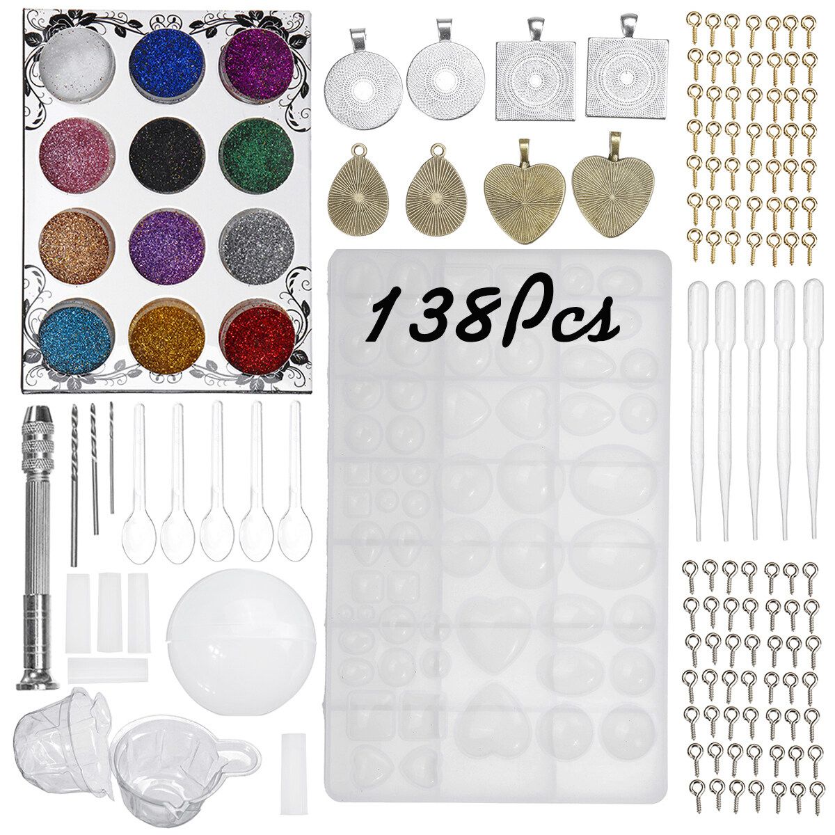 113/138 Pcs DIY Craft Silicone Resin Jewelry Casting Mold With Glitter And Flower Decoration DIY Artcraft Project Gift Pendant Making Tools Set For Beginners White