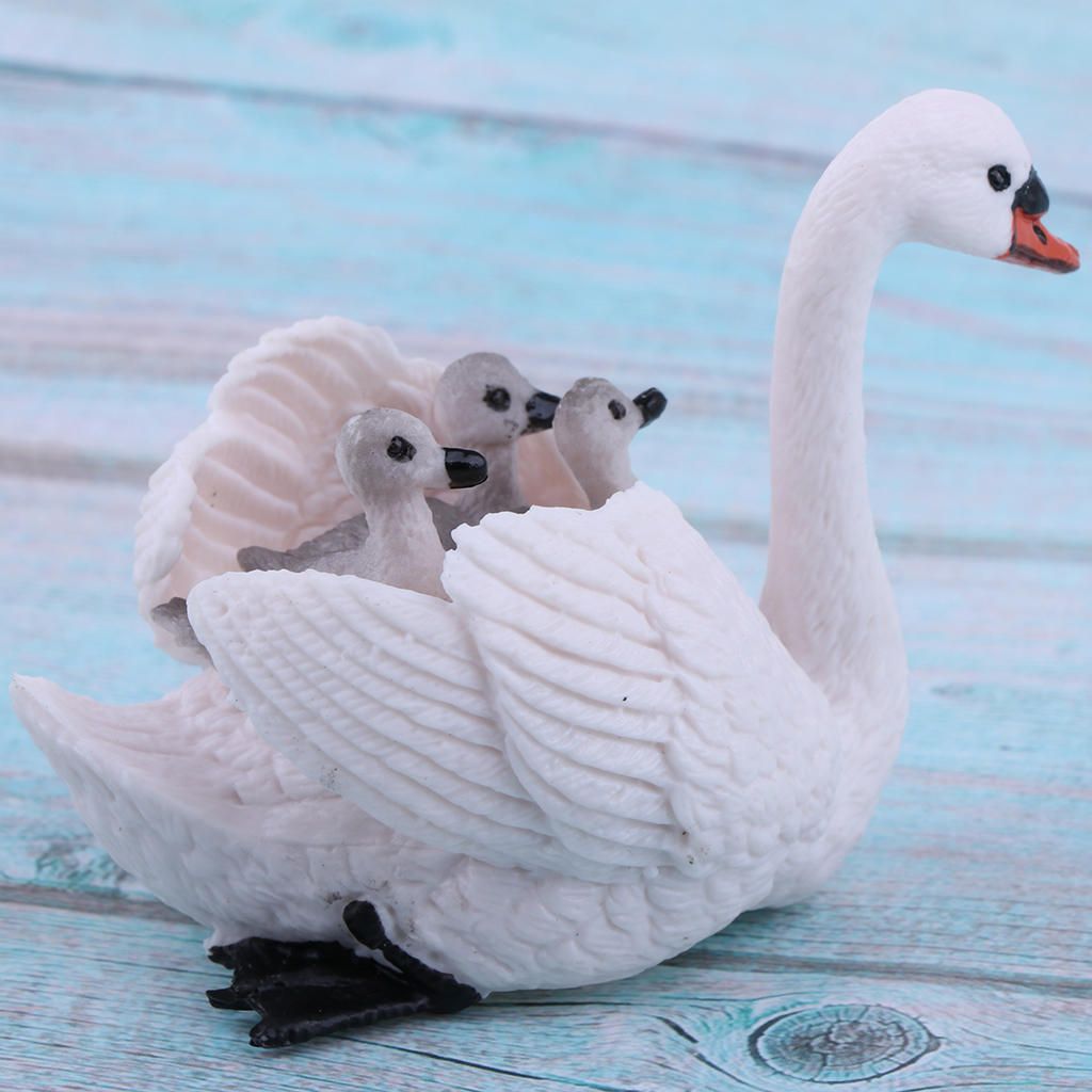 Cute White Swan Babies On Back  Animal Figurines Collection Kids
