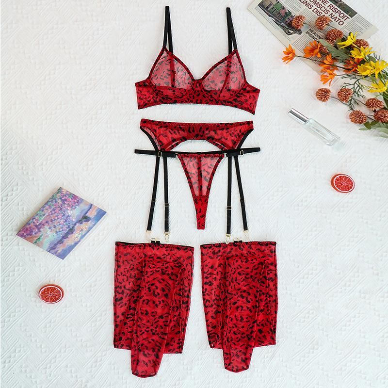 Yimunancy 4-Piece Leopard Mesh Lingerie Set Women Sexy Thong Underwear