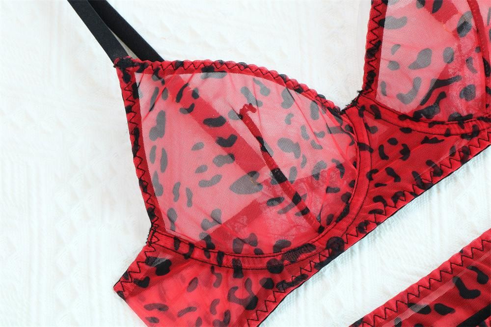 Yimunancy 4-Piece Leopard Mesh Lingerie Set Women Sexy Thong Underwear