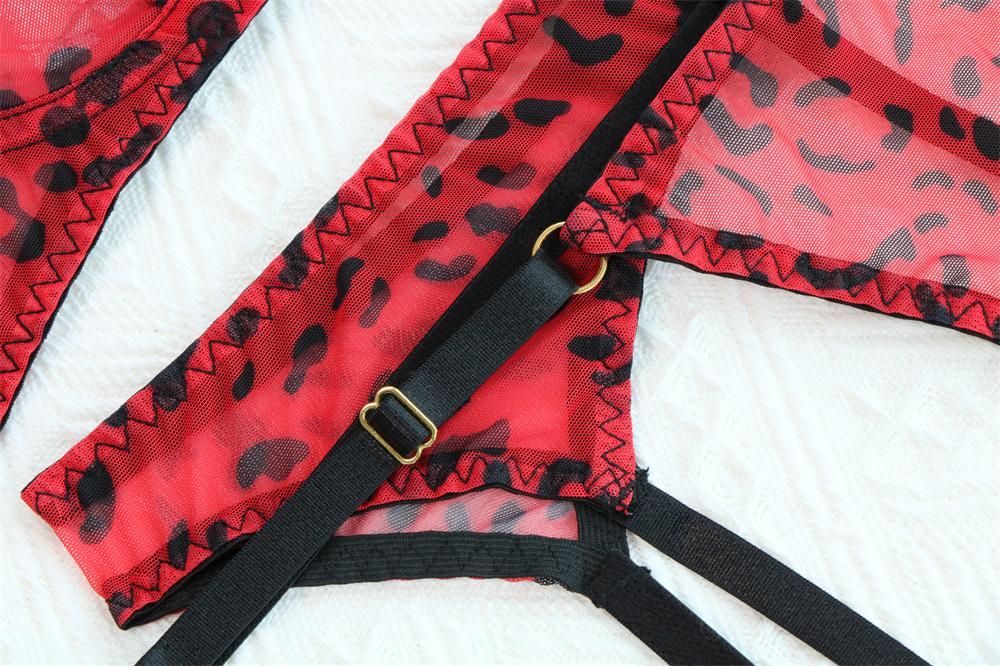 Yimunancy 4-Piece Leopard Mesh Lingerie Set Women Sexy Thong Underwear