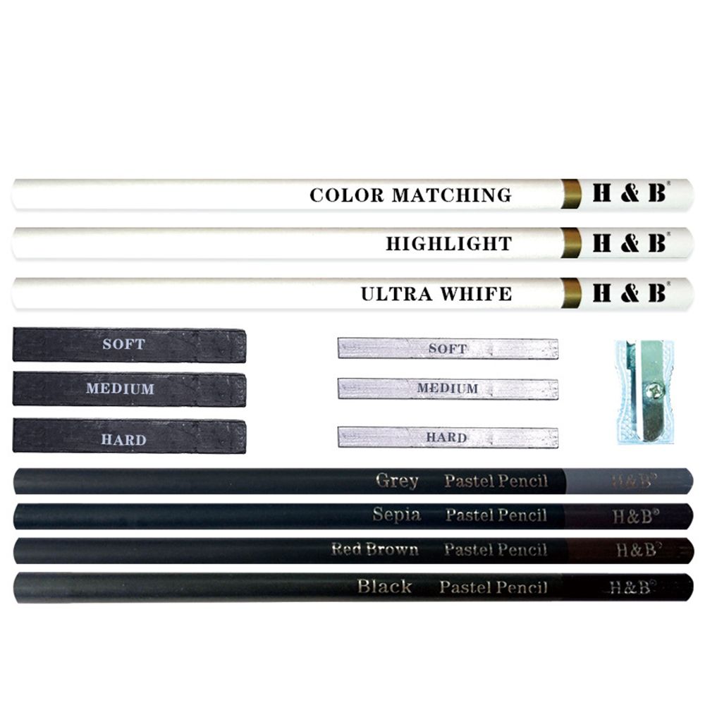 H&B15Pcs Drawing Kit White Charcoal And Pastel Pencils Set