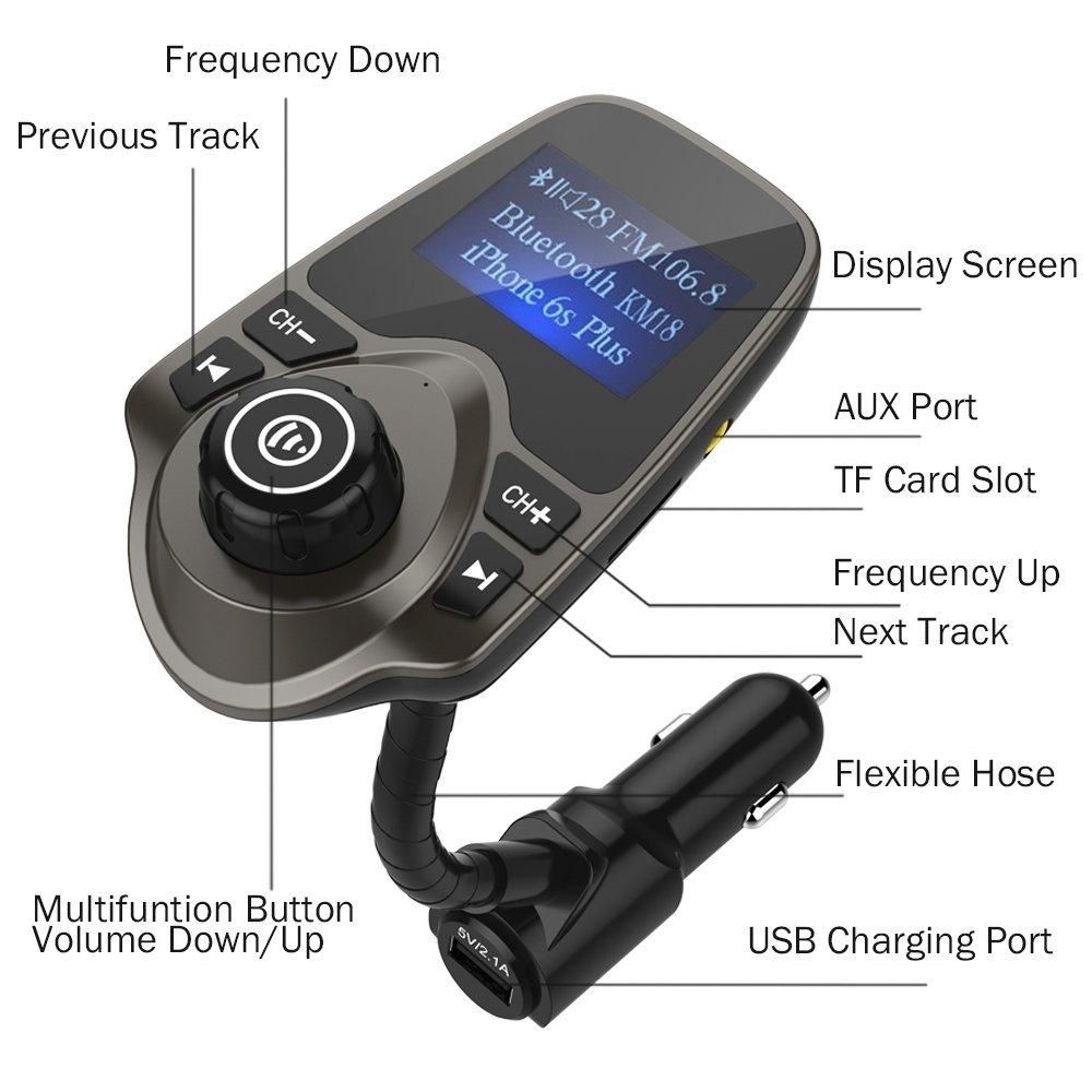 Nulaxy Wireless In-Car Bluetooth FM Transmitter Radio Adapter Car Kit With 1.44 Inch Display And USB Car Charger (Black) MLQJ-S