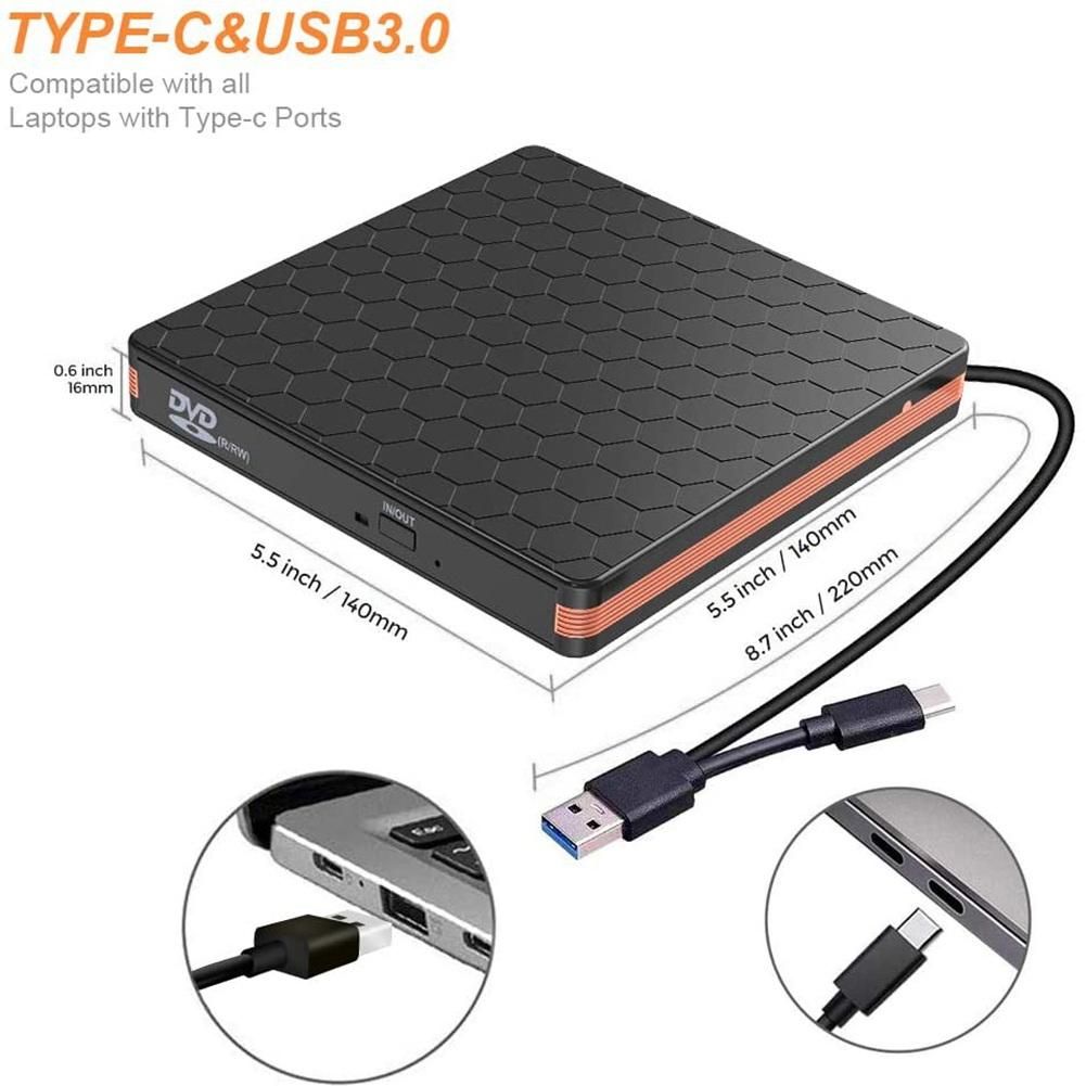 External DVD CD Drive, CD Burner with USB 3.0 and Type C Interface, High Speed Data Transfer Player for PC Laptop