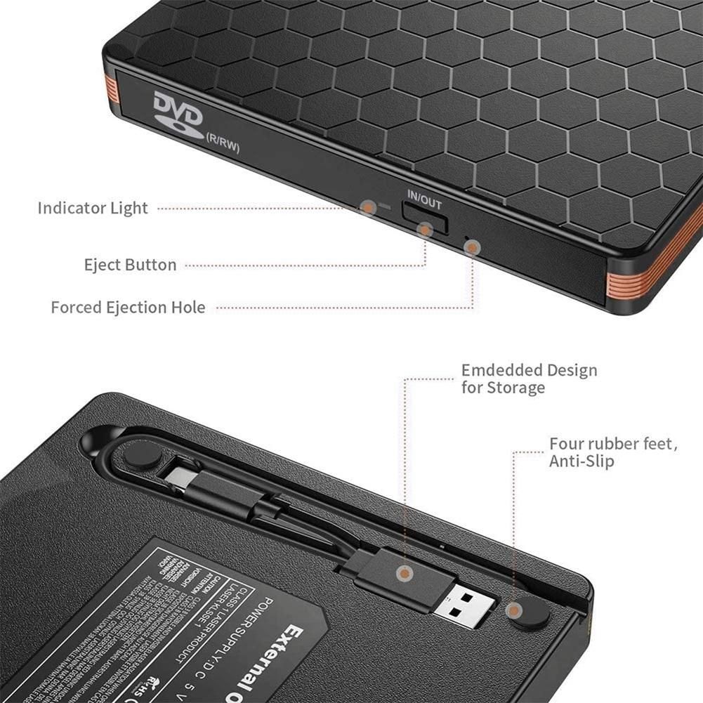 External DVD CD Drive, CD Burner with USB 3.0 and Type C Interface, High Speed Data Transfer Player for PC Laptop