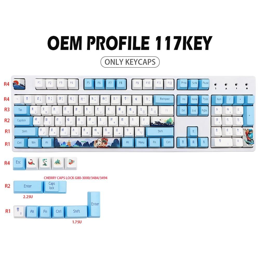Novelty Allover Dye Subbed Blue and White Porcelain 117 Keys Profile Keycap for Mx Switch Diy Gk61 Sk61 TKL87 108 Keycap