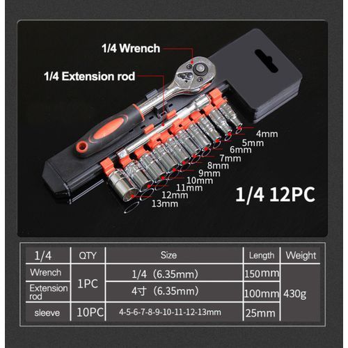 12Pcs Socket Wrench Set 1/4 Inch Socket Mechanic Ratchet Wrench