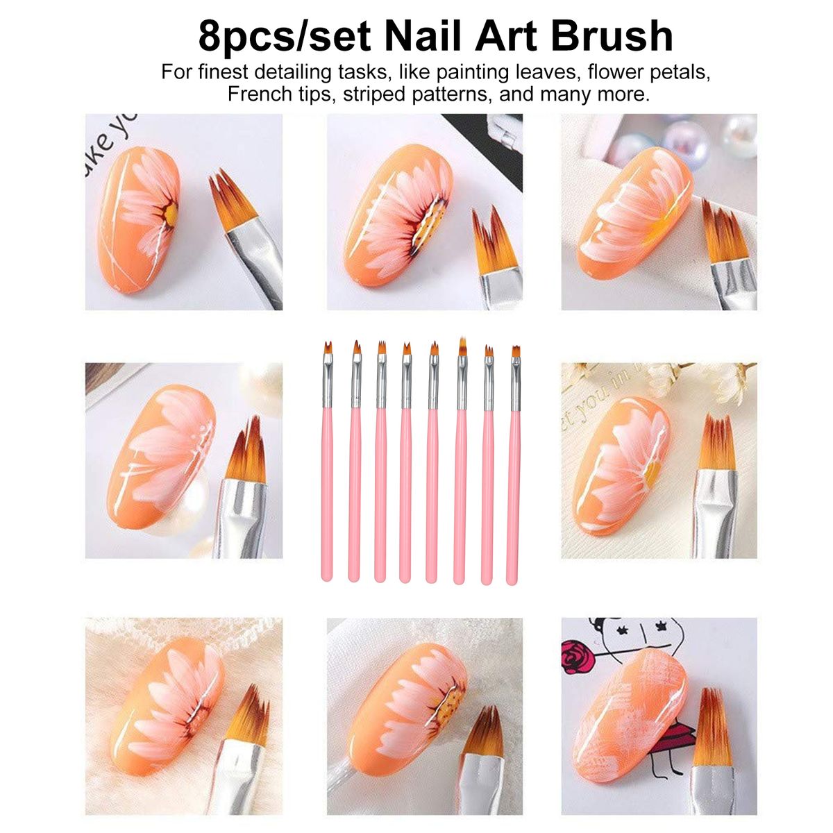 8Pcs Nail Art Brush DIY Petal Flower Painting Pen Gradient