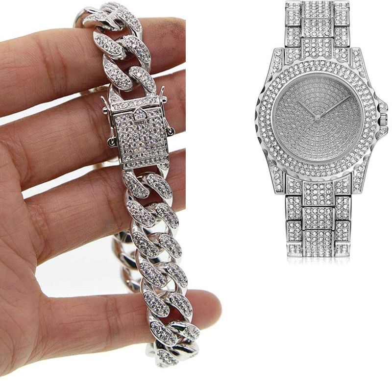 Mens Hip Hop 9" Wristwatch With 8" Iced Cuban Bracelet