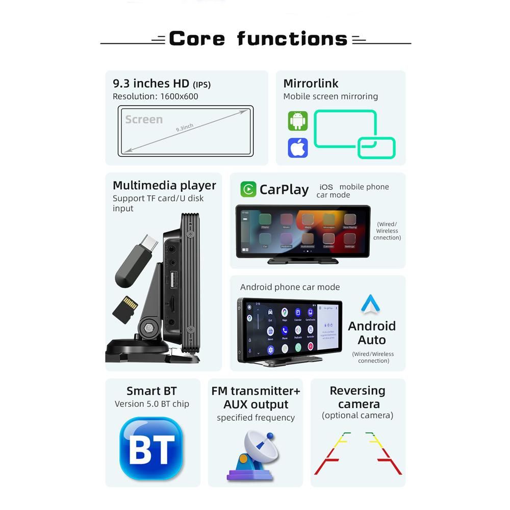 9.3 Inch Car Stereo MP5 Player BT Hands-Free Calling FM Radio Support Carplay Android Auto Phone Link Reversing Assist U-Disk/TF Card with Adjustable Bracket