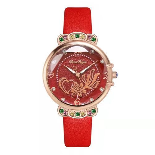 Colored Diamond Ladies Decorative Goldfish Pattern Leather Strap Quartz Watch