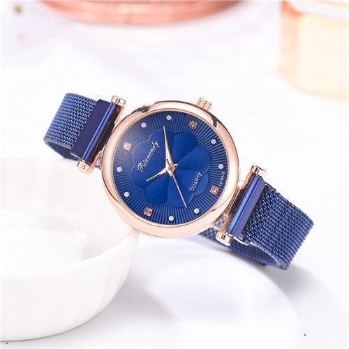 Alloy Mesh Strap Flower Dial Female Magnet Buckle Quartz Watch Bracelet Set