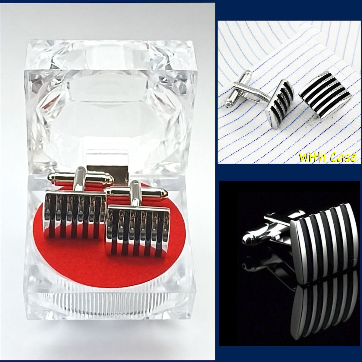 Silver & Black Plated Men Cufflinks Ridge Groove Pattern Cuff Links For Gifts