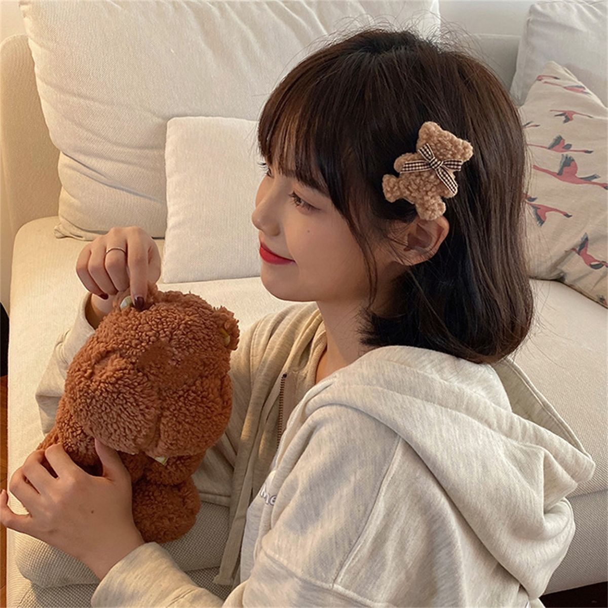 Hair Clip Puffy Plush Bear Hair Barrette Coffee