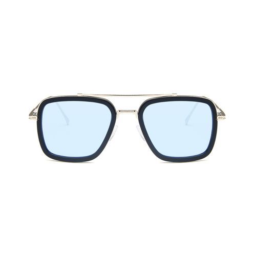 Square Sunglasses Fashion Mens Anti-UV Glasses Silver Frame Light Blue Lens