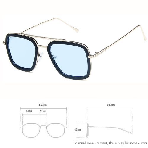 Square Sunglasses Fashion Mens Anti-UV Glasses Silver Frame Light Blue Lens