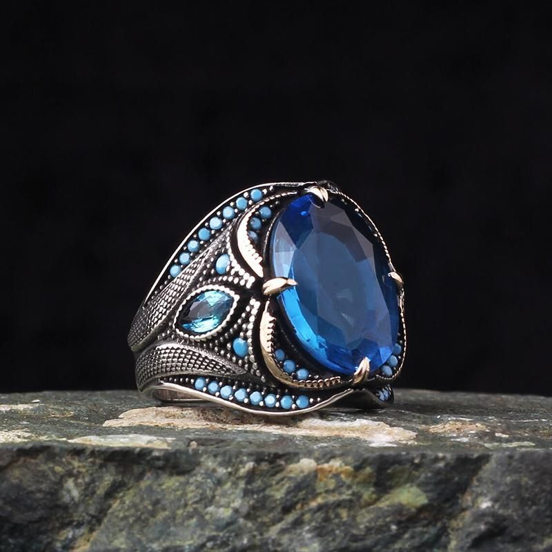 Delicate Antique Silver Color Blue Zircon Men's Ring Festive Party Jewelry