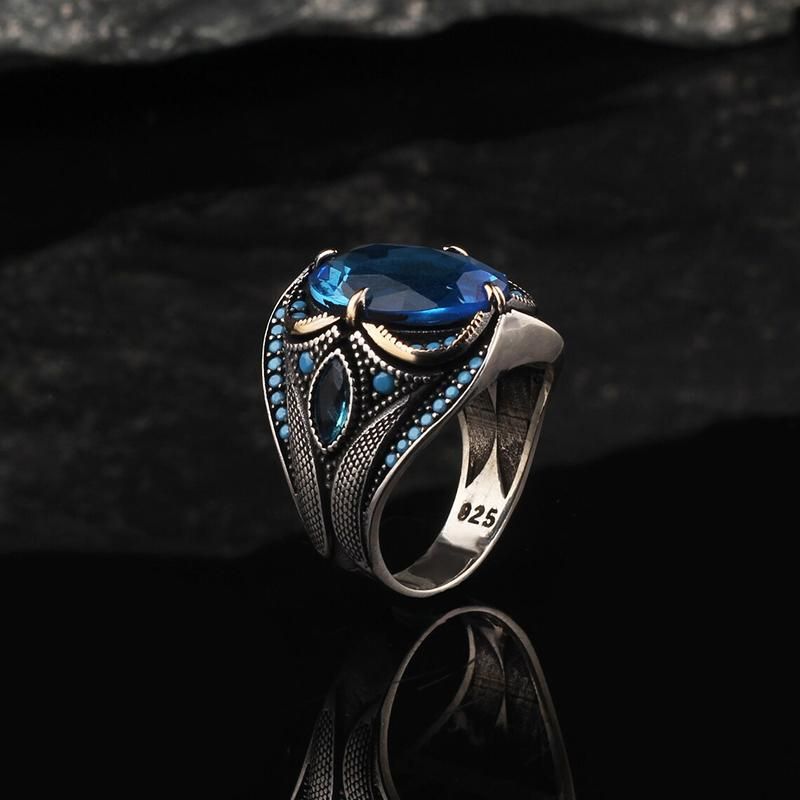 Delicate Antique Silver Color Blue Zircon Men's Ring Festive Party Jewelry