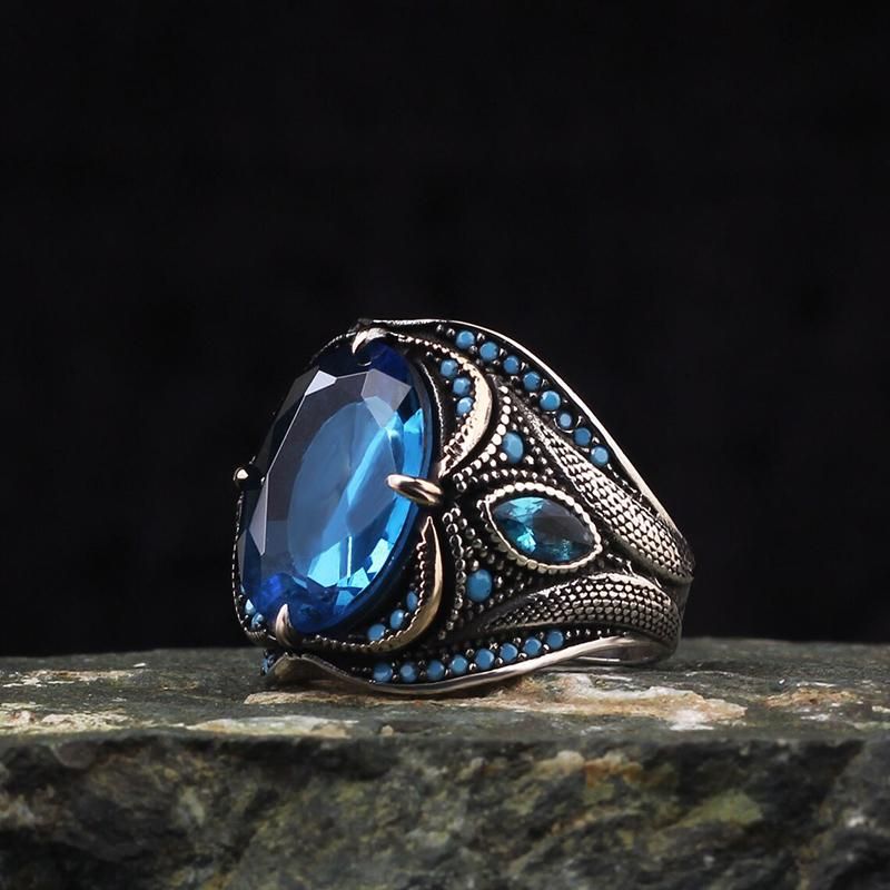 Delicate Antique Silver Color Blue Zircon Men's Ring Festive Party Jewelry