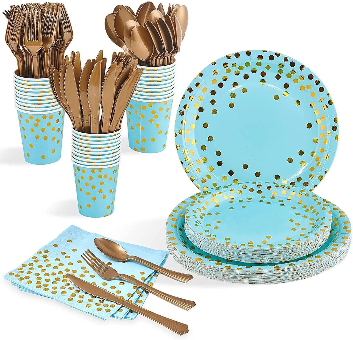 200 Piece Blue and Golden Dot Dinnerware Disposable Party Blue Paper Plates Napkins for Baby Shower Graduation Birthday Wedding